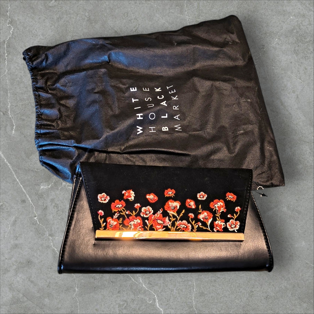 White House Black Market Floral Black Clutch/Chained Shoulder Strap Bag